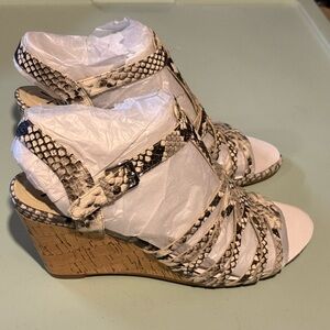 Isaac Mizrahi White and Black Snakeskin Cork Wedge Sandals